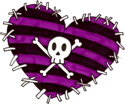 A heart with purple and black stripes, a skull and crossbones, and thread along the sides as if it had been sewn in place..