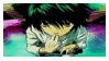 A stamp with the character, L, from the anime Death Note, spinning in a chair.