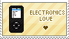 A stamp cycling through various old eletronics like a blocky TV, outdated cellphone, Ipod, laptop, and the words, Electronics Love.
