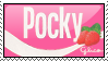 A stamp with the cover of a box of strawberry-flavored pocky, and the word Pocky.